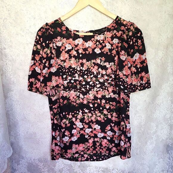 Worthington Black with Pink Floral Blouse Size Small - Picture 1 of 6